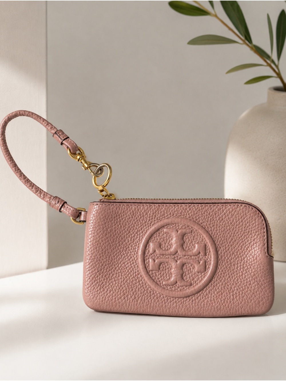 Tory Burch Dusty Rose Pebbled Leather Wristlet with Logo